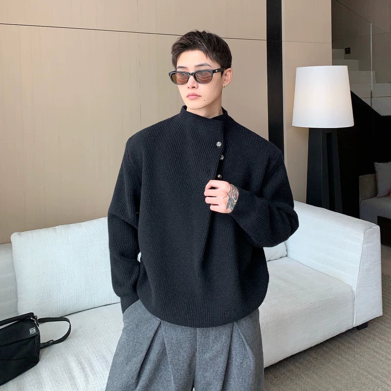 Suéter de Tricô com Botão Diagonal Pregueado Irregular 