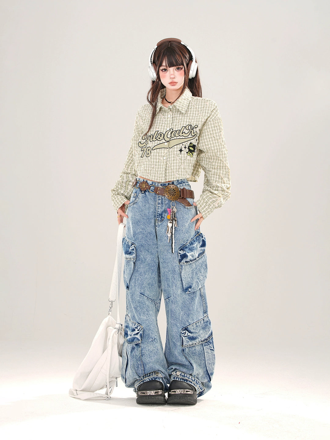 Plaid Cropped Embroidered Button-Up Shirt