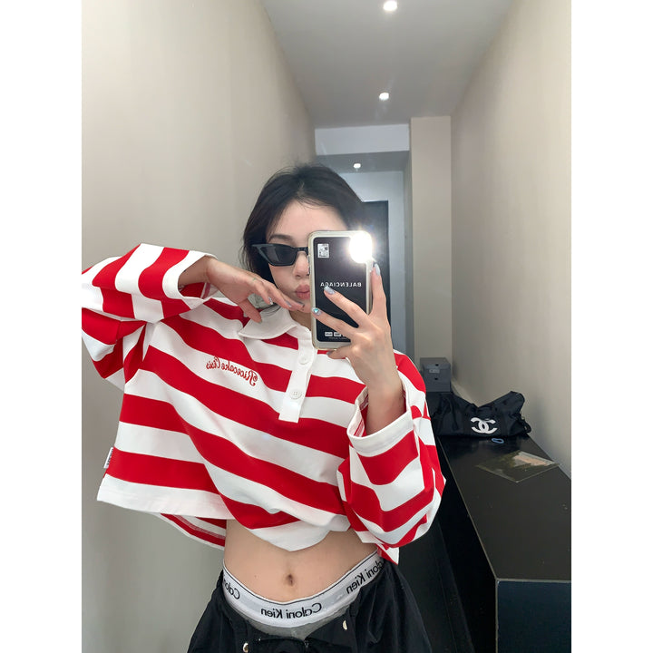 Striped Polo Collar Long Sleeve Top