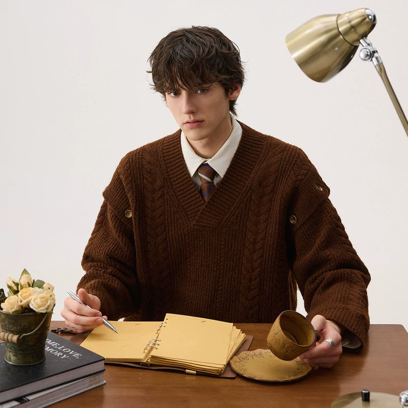 Detachable V-Neck Cable Knit Sweater