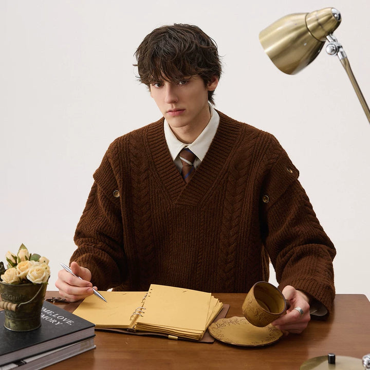 Detachable V-Neck Cable Knit Sweater