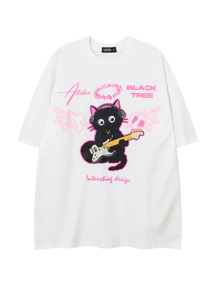 Hip-hop Guitar Cat Graphic T-shirt