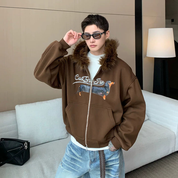 Bontkraag Hondenprint Hoodie Cardigan 