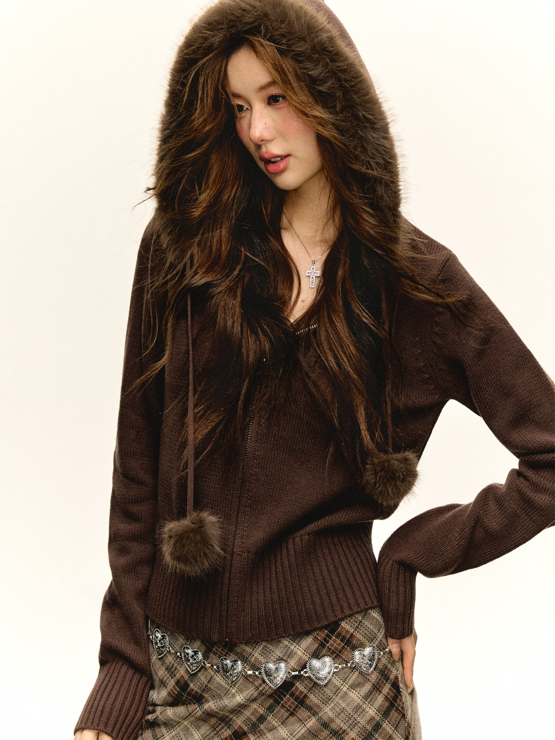 Hooded Knit Jacket with Fur Trim