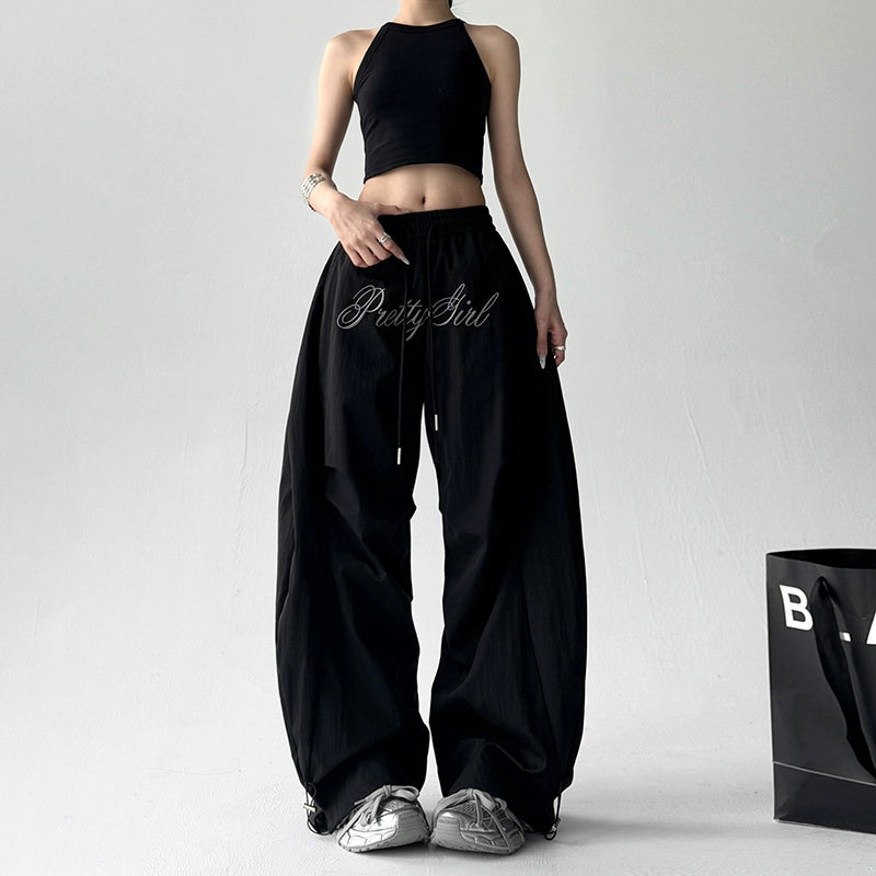 Letter Embroidery Pleated Wide Leg Pants
