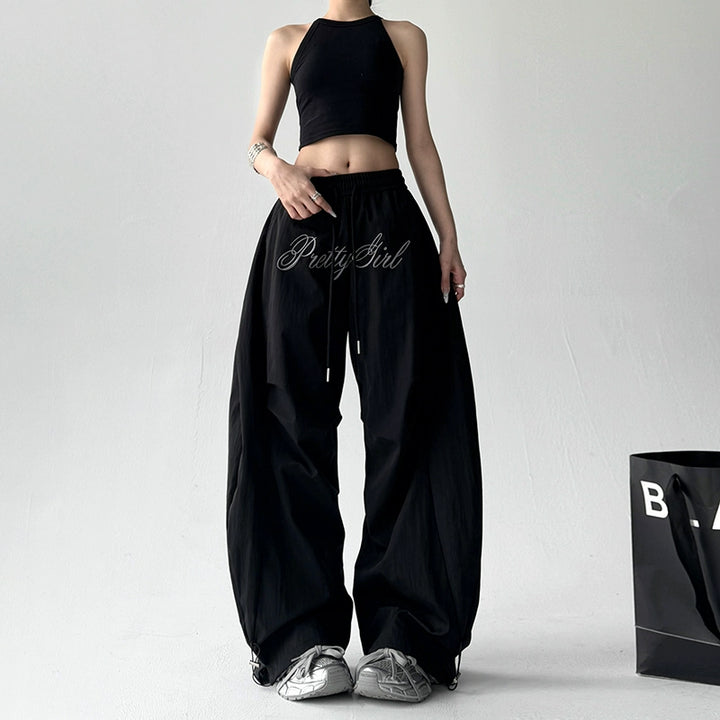 Letter Embroidery Pleated Wide Leg Pants