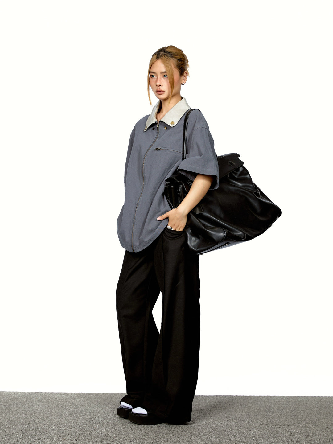 Half Zip Leather Lapel Polo Shirt