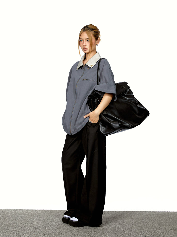 Half Zip Leather Lapel Polo Shirt