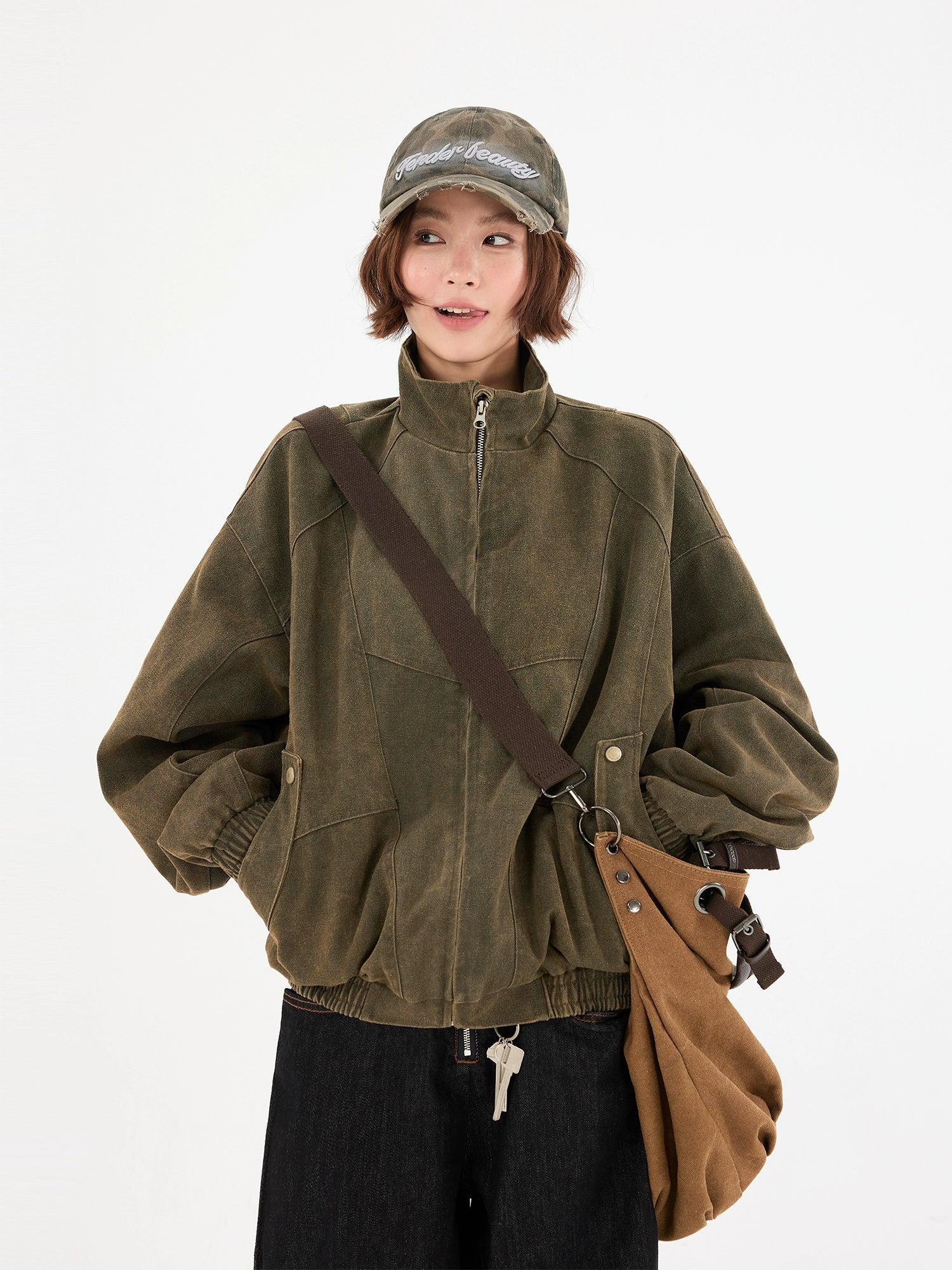 جاكيت عمل بياقة وقوف مغسول 