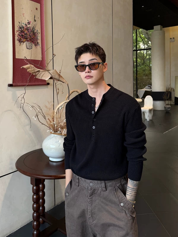 Ribbed Knit Long Sleeve Henley Shirt