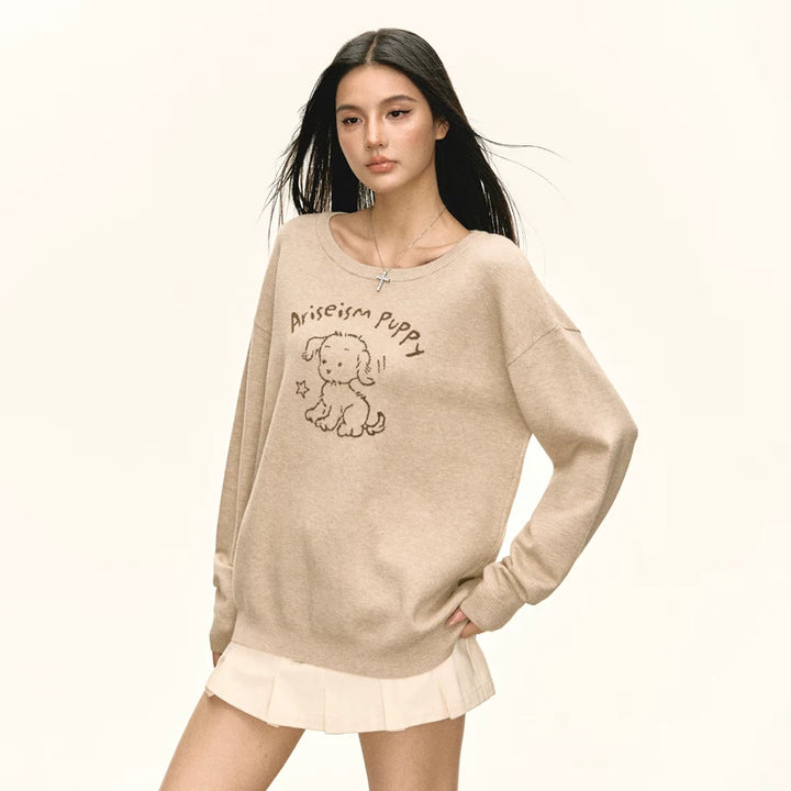 Sweatshirt décontracté avec graphique de chiot rétro 