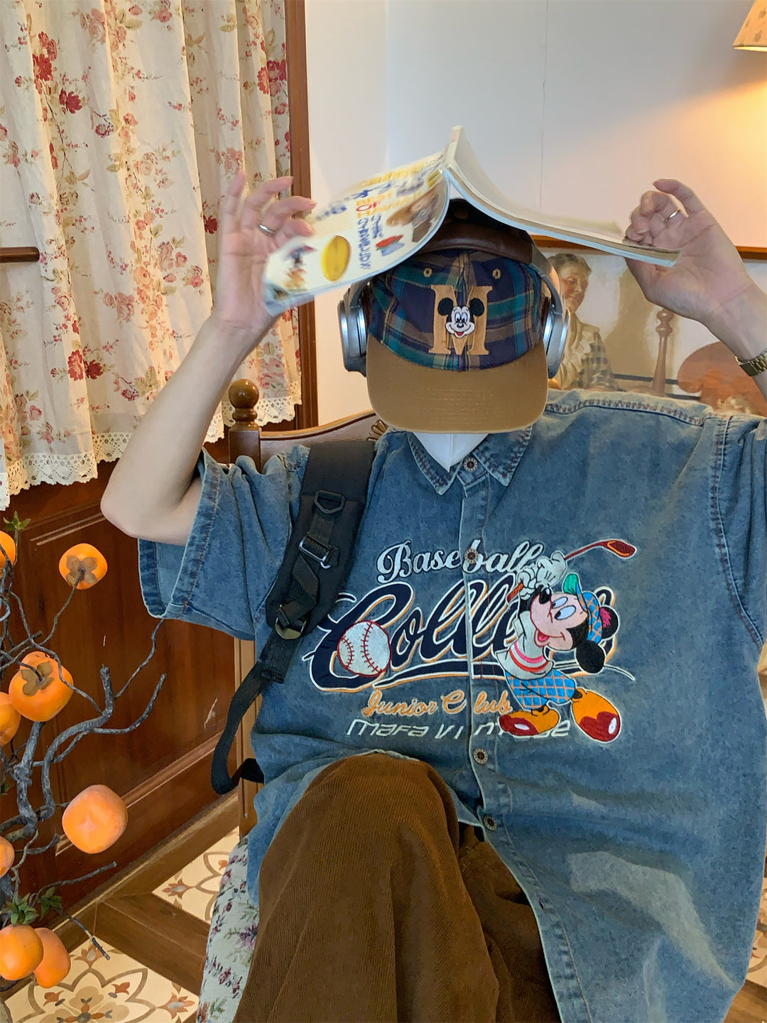 Embroidered Cartoon Denim Short-Sleeve Shirt