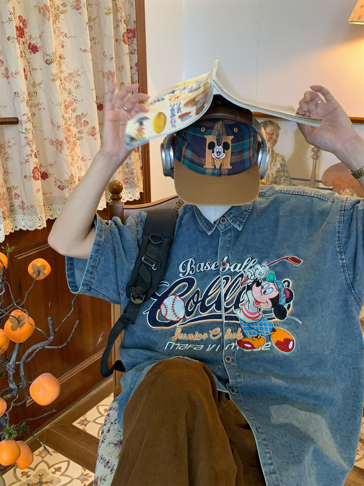 Embroidered Cartoon Denim Short-Sleeve Shirt