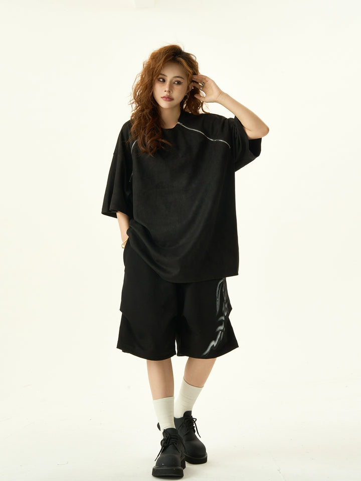 Double Zipper Loose Fit Short Sleeve Top