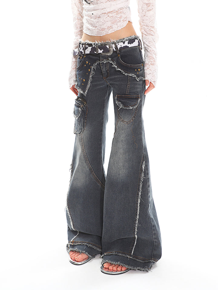 Distressed Flared Jeans with Cargo Pockets