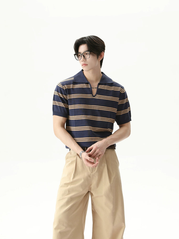 Striped V-Neck Lapel Short Sleeve Pullover