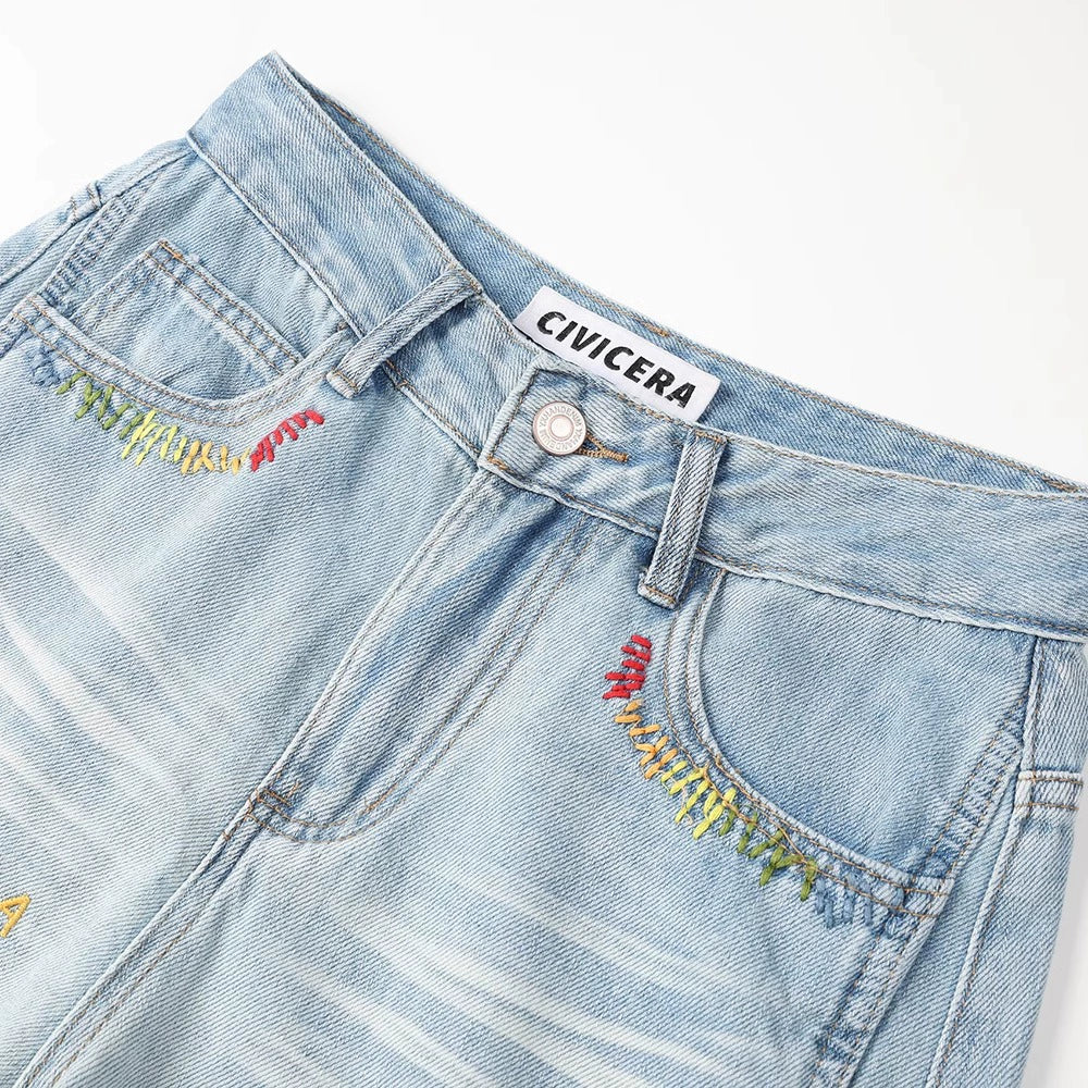 Embroidered Letter Wide-Leg Casual Jeans