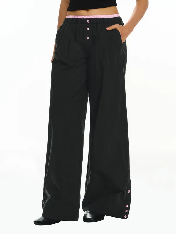 Geniş Paça Yüksek Bel Düğme Detaylı Pantolon 