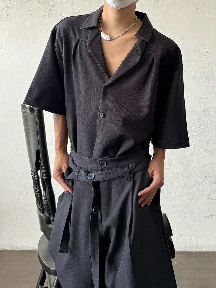 Short Sleeve Cuban Collar Pleated Shirt