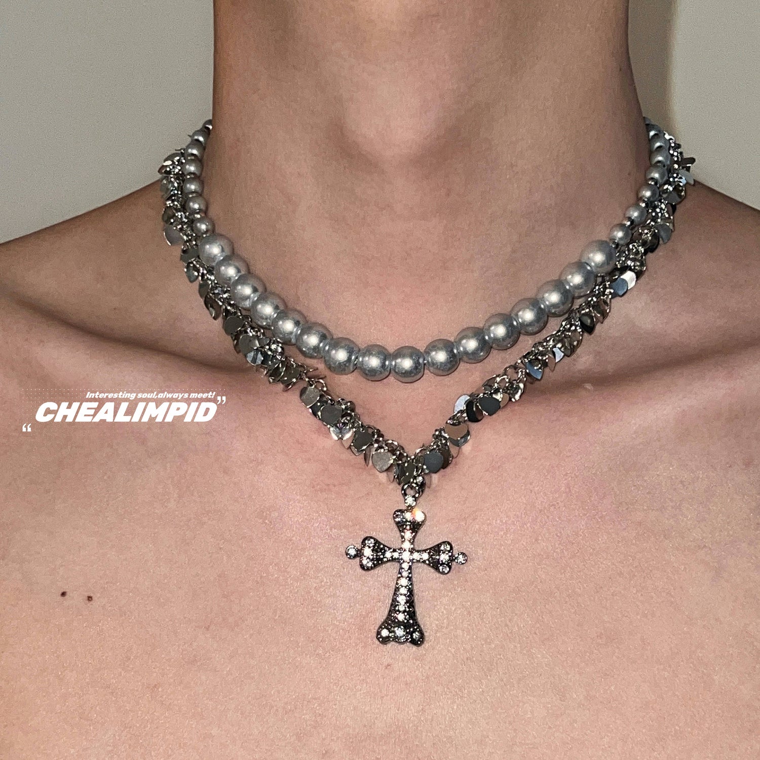 Double-Layer Pearl Sequin Cross Necklace