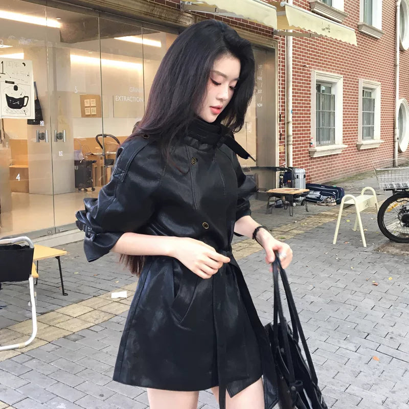 PU Leather Belted Stand Collar Trench