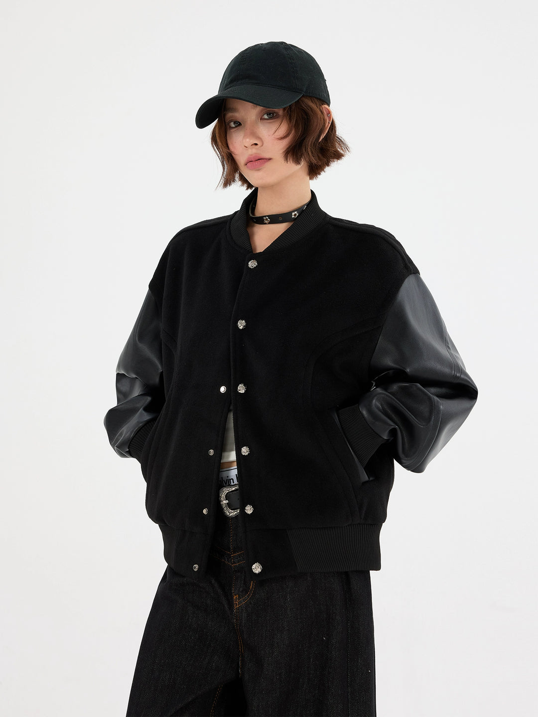 PU Leather Sleeve Baseball Jacket