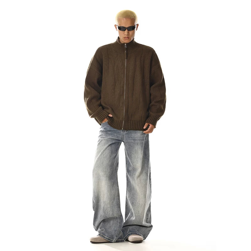 سترة كاردين سحاب مزخرفة من الصوف العتيق 