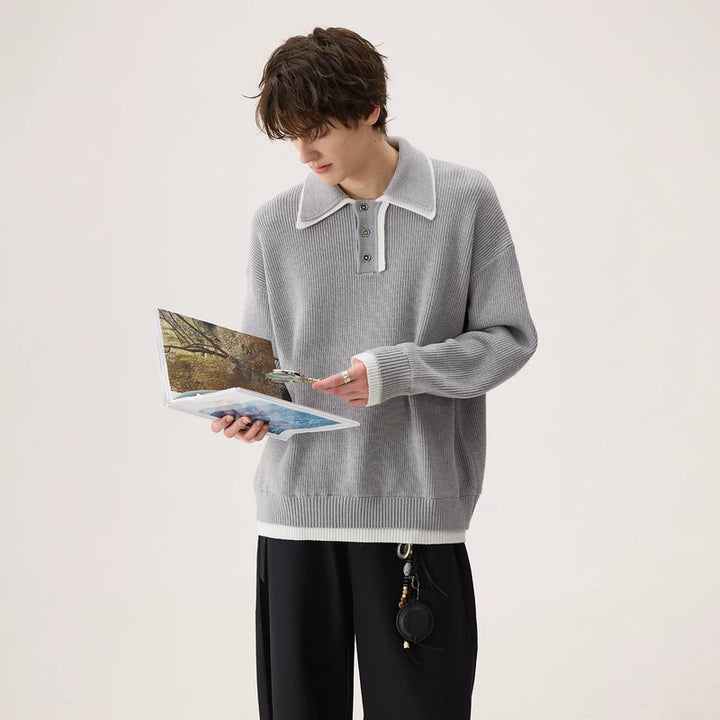 Double Collar Knit Pullover Sweater