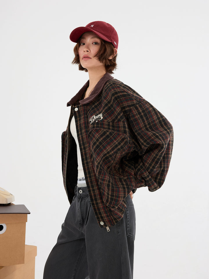 Plaid Wool Work Jacket with Corduroy Collar