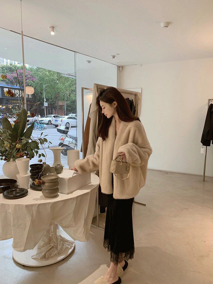 Imitation Mink Fur V-Neck Coat