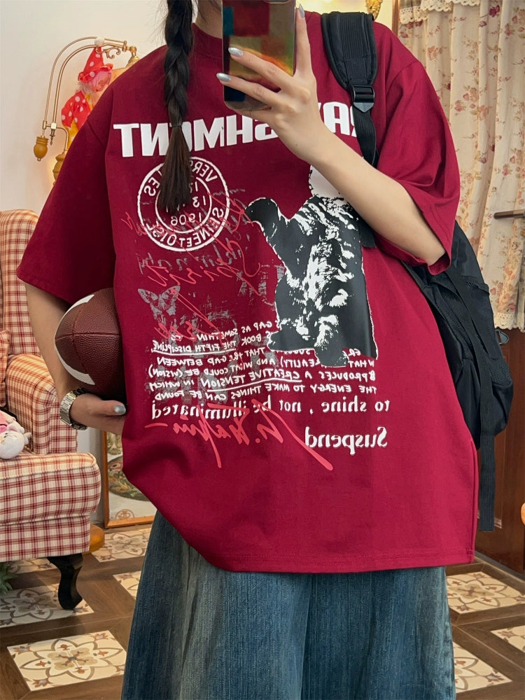猫のプリントのルーズフィットショートスリーブTシャツ 