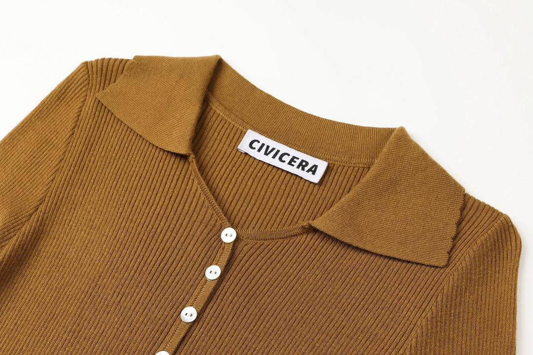 Camisa de botón de punto de manga larga con solapa 