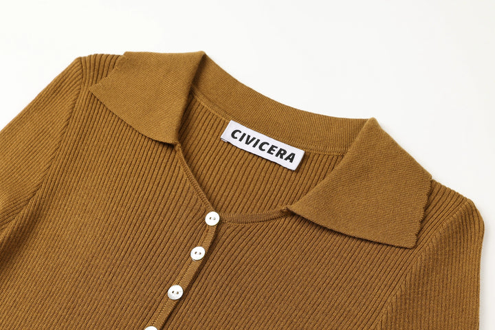 Camisa de botón de punto de manga larga con solapa 