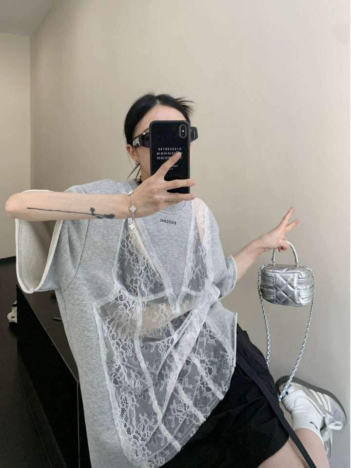 Mesh Lace Overlay Short Sleeve T-shirt