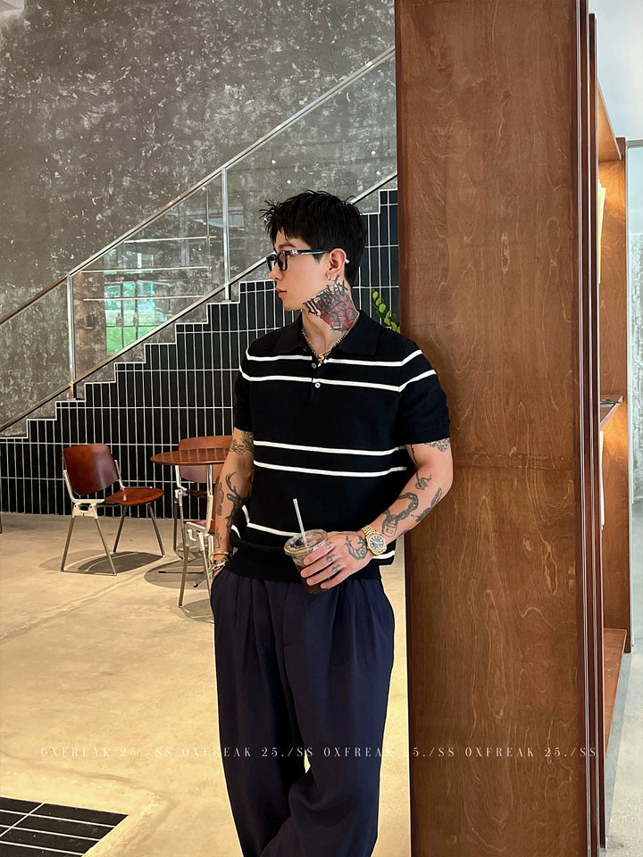Striped Knitted Short Sleeve Polo Shirt