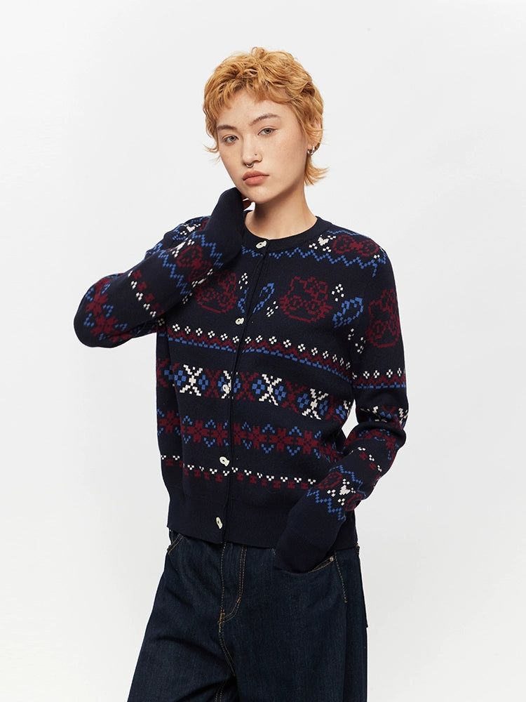 パターンニットボタンフロントカーディガンセーター 