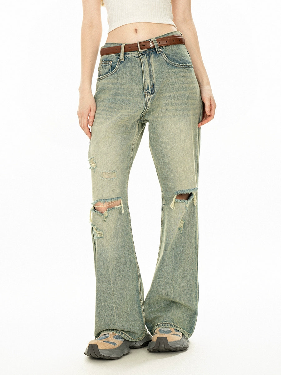 Low Waist Distressed Flared Ripped Pants