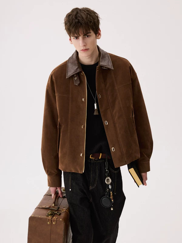 Chaqueta de motocicleta de patchwork de ante retro 