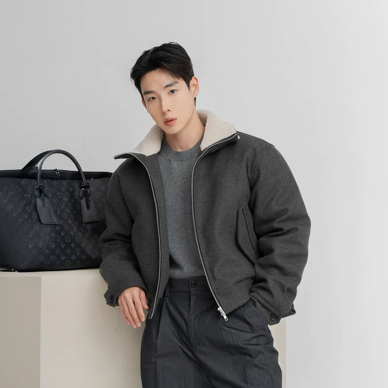 모조 양모 칼라 짧은 울 재킷 