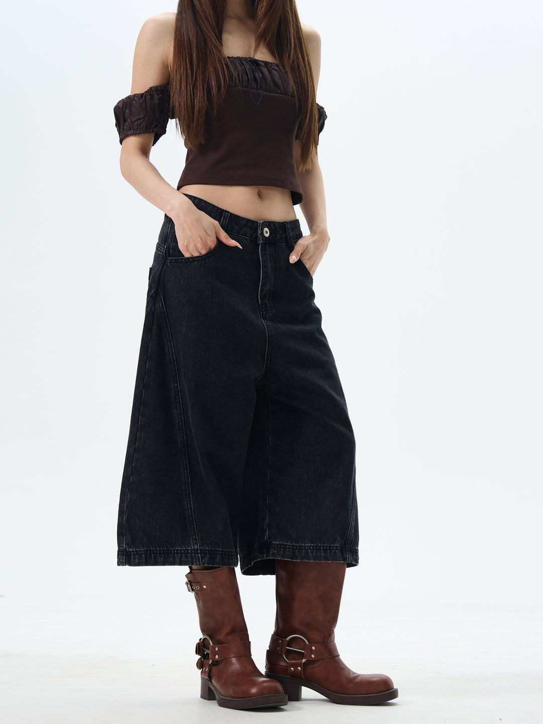 Cropped Denim Wide-Leg Pants