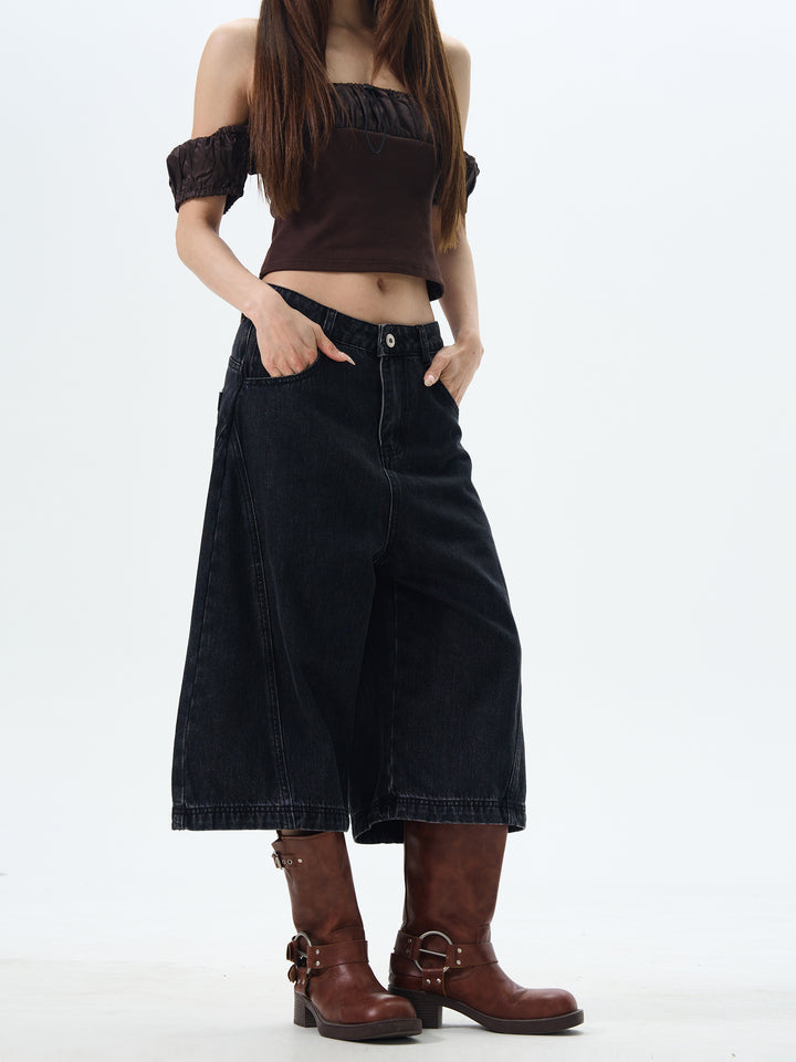 Cropped Denim Wide-Leg Pants