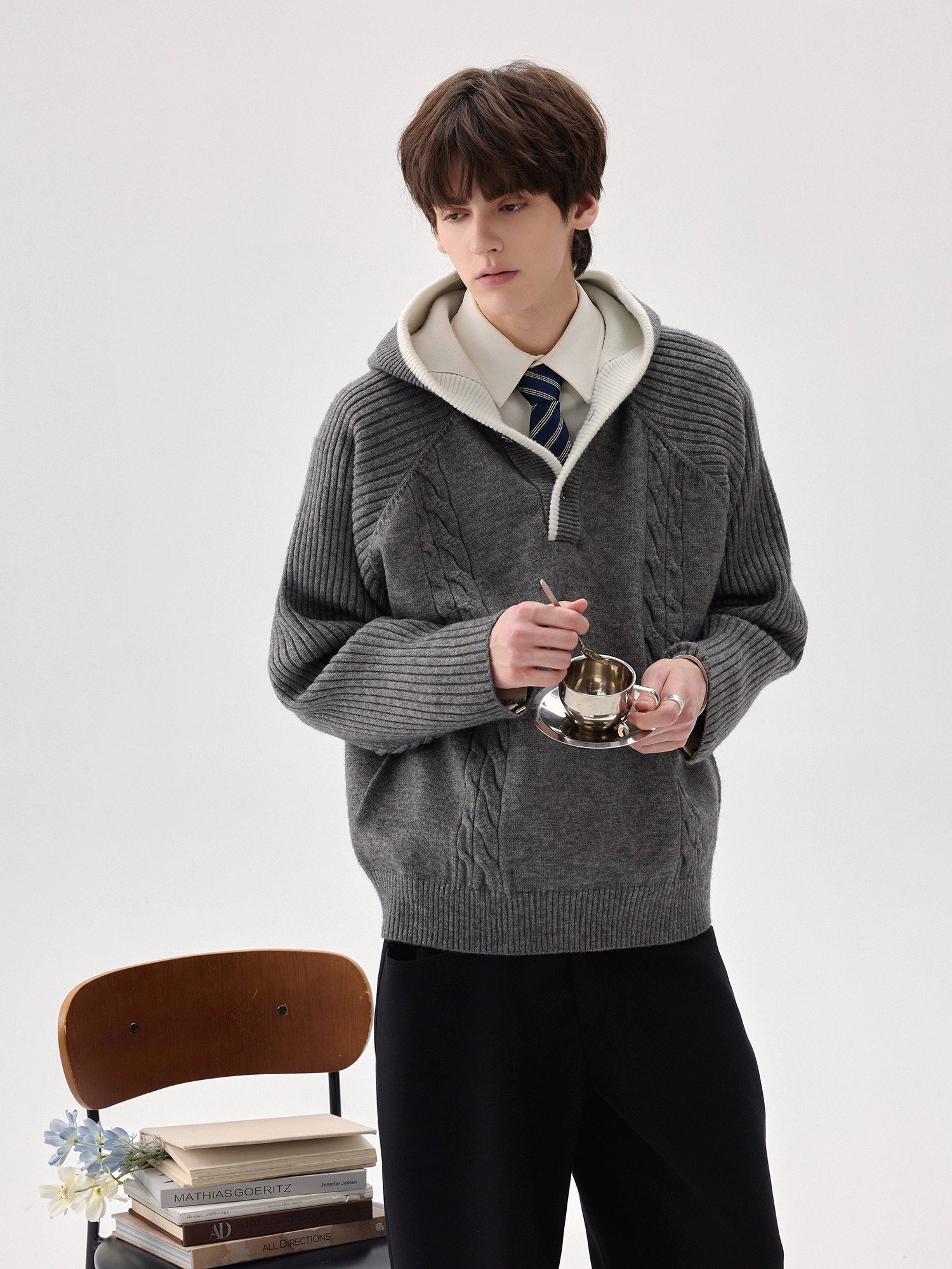 Kapüşonlu Kablo Örgü Kazak 