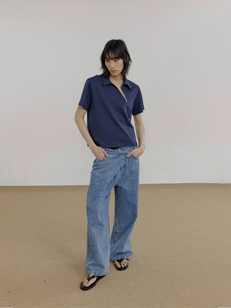 Wide Leg Slant Placket Jeans