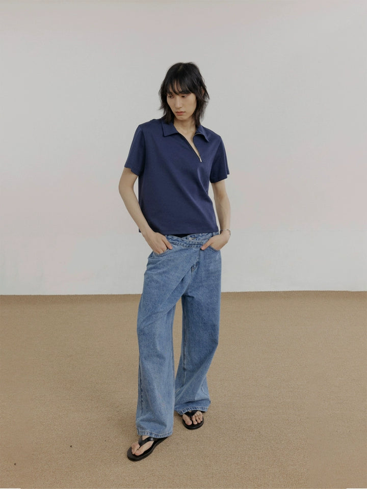 Wide Leg Slant Placket Jeans