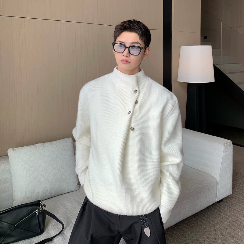 Suéter de Tricô com Botão Diagonal Pregueado Irregular 