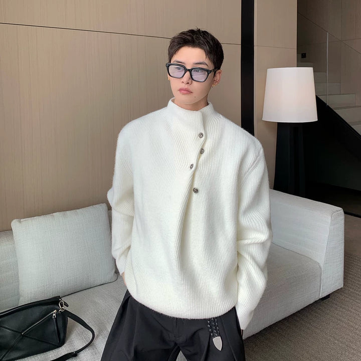 Suéter de Tricô com Botão Diagonal Pregueado Irregular 