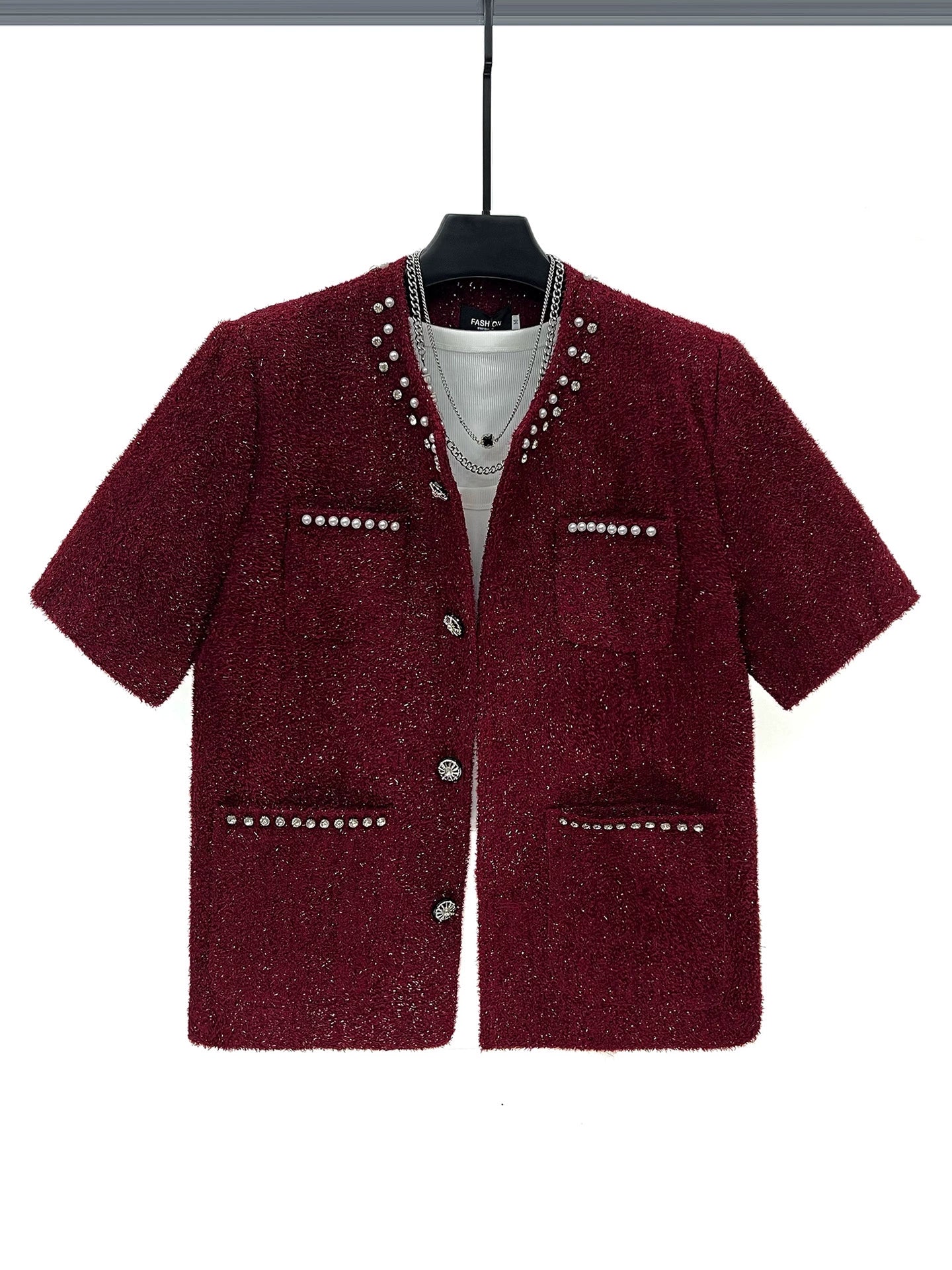 سترة كاجوال قصيرة الأكمام مرصعة بالألماس 