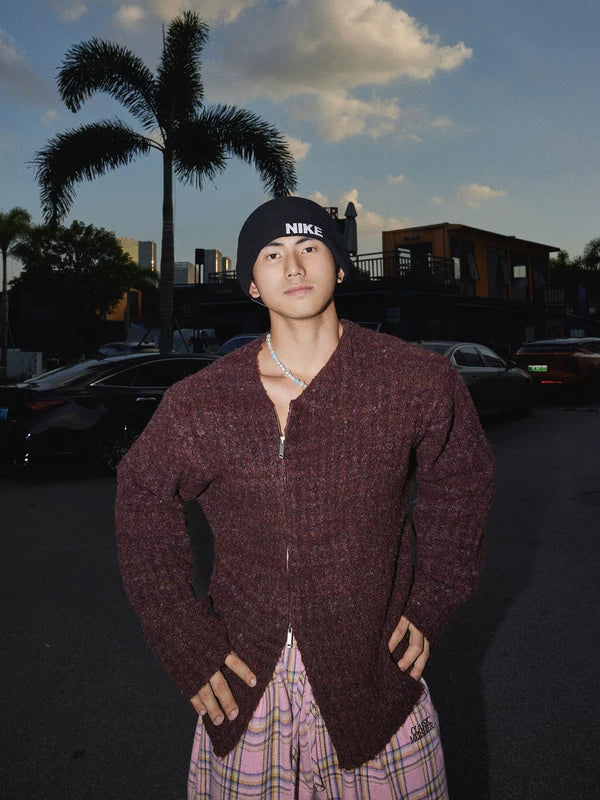 Zip-Up Textured Knit Sweater