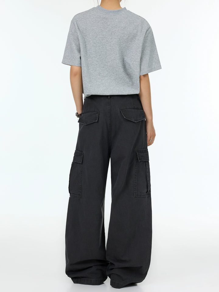 Pantalones casuales acampanados de múltiples bolsillos con pliegues 