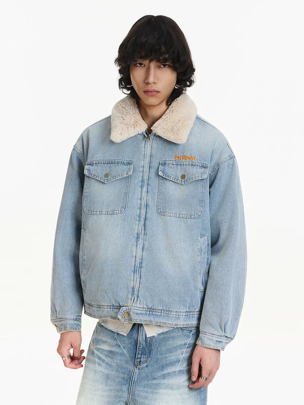 Fleece-fodrad lammullskrage denimjacka 